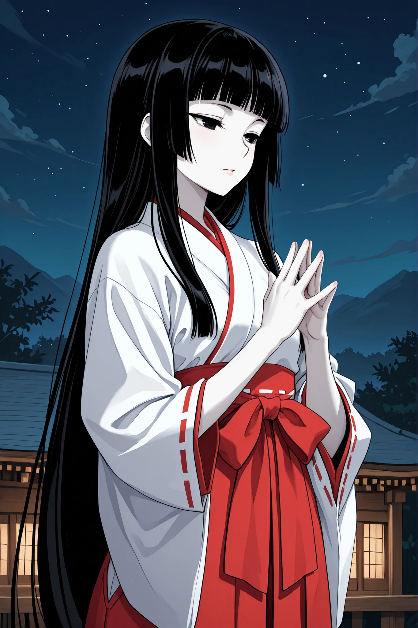 1 girl, beautiful girl,adult,18 years old,black eyes,narrow eyes,black hair, very long hair,blunt bangs,skinny,masterpiece,general,highres, ultra-detailed,very aesthetic,best quality ,best hands,5_fingers,best eyes,perfect anatomy,anime coloring,easynegative,anime style,white skin,whole body,standing,miko,shrine maiden outfit,night,