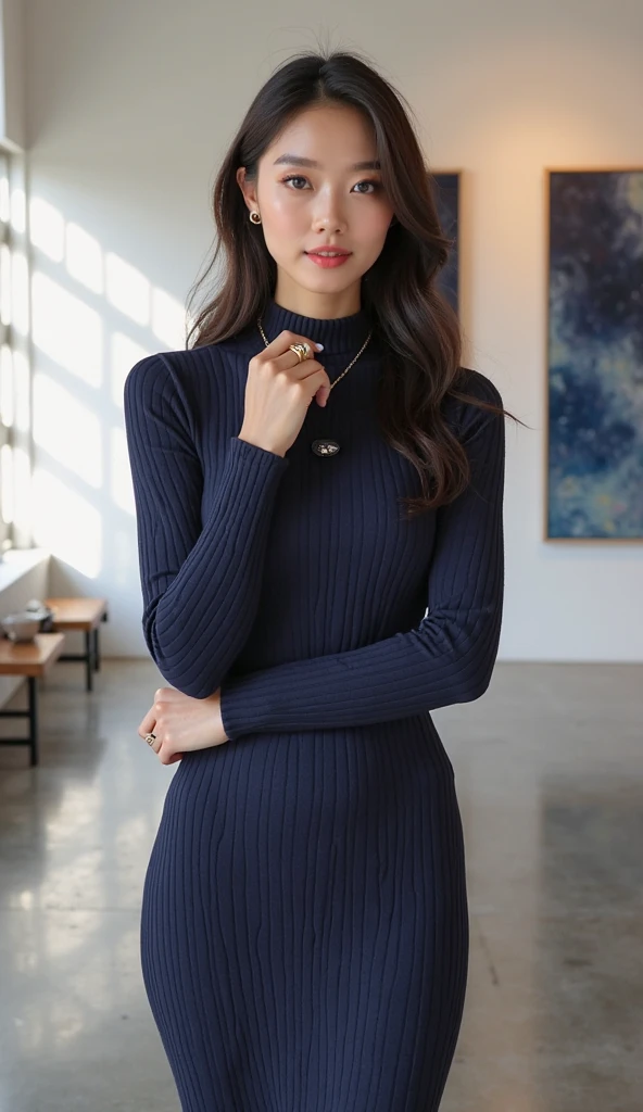 on the table, best quality, illustration, super detailed, Exquisite details, high resolution, 8k wallpaper, Perfect dynamic composition, beautiful and delicate eyes, natural lips, Dark blue knitted dress , big breasts, Split, cross legs