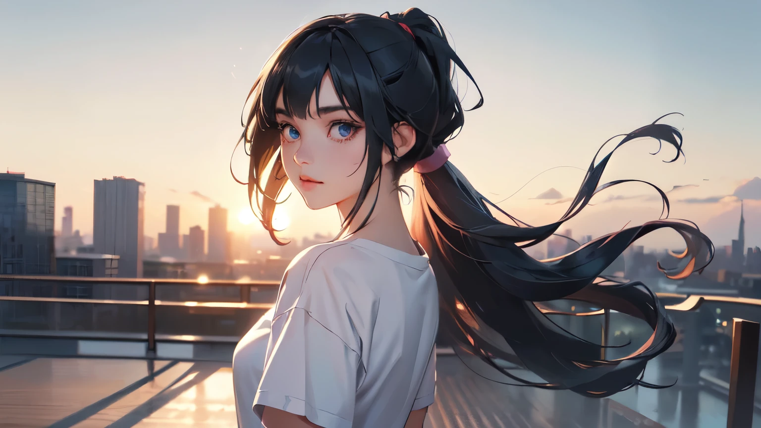 (best quality,4k,8k,highres,masterpiece:1.2),ultra-detailed,(realistic,photorealistic,photo-realistic:1.37),HDR,UHD,studio lighting,ultra-fine painting,sharp focus,physically-based rendering,extreme detail description,professional,vivid colors,bokeh,portraits,anime,photography,pink tones,warm lighting
1girl, solo, detailed eyes, detailed lips, extremely detailed eyes and face, long eyelashes, long dark blue hair in a ponytail with side bangs, small , in an oversized anime T-shirt ,leaning back, standing on he roofop, sunset background, wind blowing