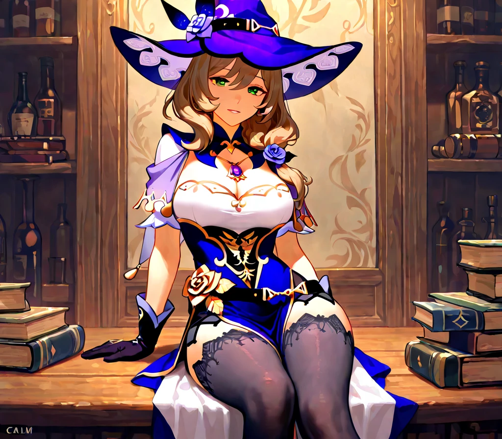 a young girl standing in a library, her hand on her chest, 1girl, beautiful detailed eyes, witch hat ,beautiful detailed lips, extremely detailed face, long eyelashes, intricate details, serene expression, natural lighting, warm color tones, (best quality,4k,8k,highres,masterpiece:1.2),ultra-detailed ,HDR, UHD, studio lighting, ultra-fine painting, sharp focus ,physically-based rendering, extreme detail description ,professional ,vivid colors ,bokeh, portraits