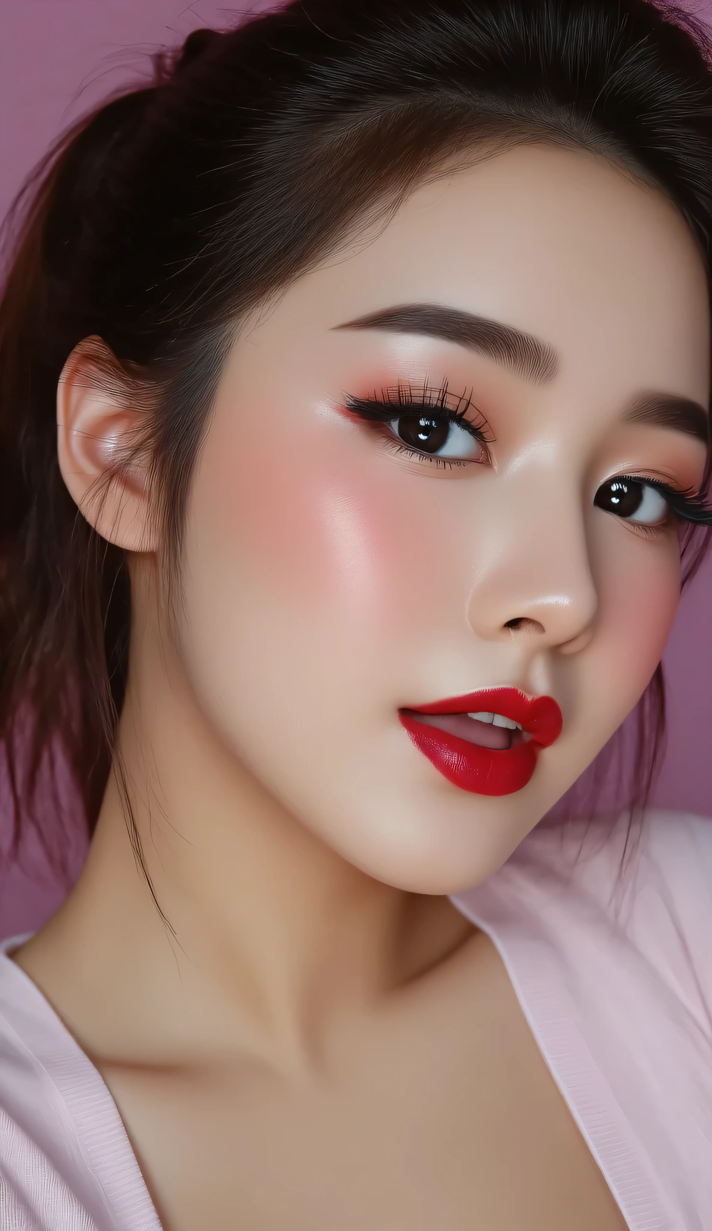 ((Best Quality, 8K, Masterpiece: 1.3)), beautiful Colombian Korean, e-girl streamer makeup, push-up tank top that emphasize perfect big natural cleavage, long sleeved tank top, presenting their cleavage close to you, amazing breast enhancement, hard blush make up: 1.5, perfect long strong winged eyeliner, perfectly smoky eye shadow, perfect soft cleavage, round tongue out, perfect, chubby chin, baby face, beautiful eyes detail, upper body composition, perfect full red lips, lively face, lustful look, perfect squeezed cleavage line, rounded cleavage line, feeling exceptionally seduced, perfection, perfect mascara, skin detail, she absolutely fucking loves showing her cleavage to you, refined eyelashes, refined eyeliner, perfect composition, looking at you from below, white highlight in eyes, begging, she's like "mhm you like my amazing breasts?”, extremely teasing, perfect soft natural like breast that gives a clear perfect soft cleavage, long eye lashes: 1.3, beautifully and perfect eye, beautiful, brown eyes, thick eye brows, jaw drop, ponytail, cum all over my face please, female handjob, I'm putting up for pleasure, facing sideways 