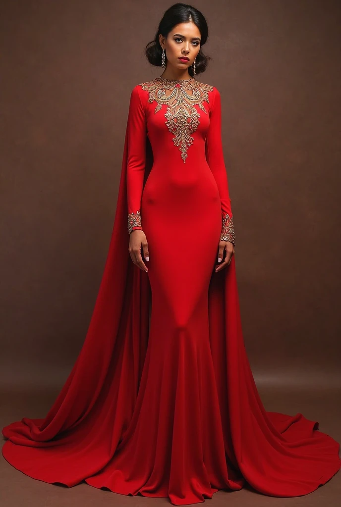 Captivating, elegant woman is engendered in a cascade of four-meter-long, ruby-red, plush satin fabric. The material clings tightly to her figure, spreading out into a pooled train at her feet, mimicking a mermaid's tail. A satin hijab cloaks her head, revealing only a hint of her upper body. This full-body portrait radiates a mythical sophistication. Wrapped, eth