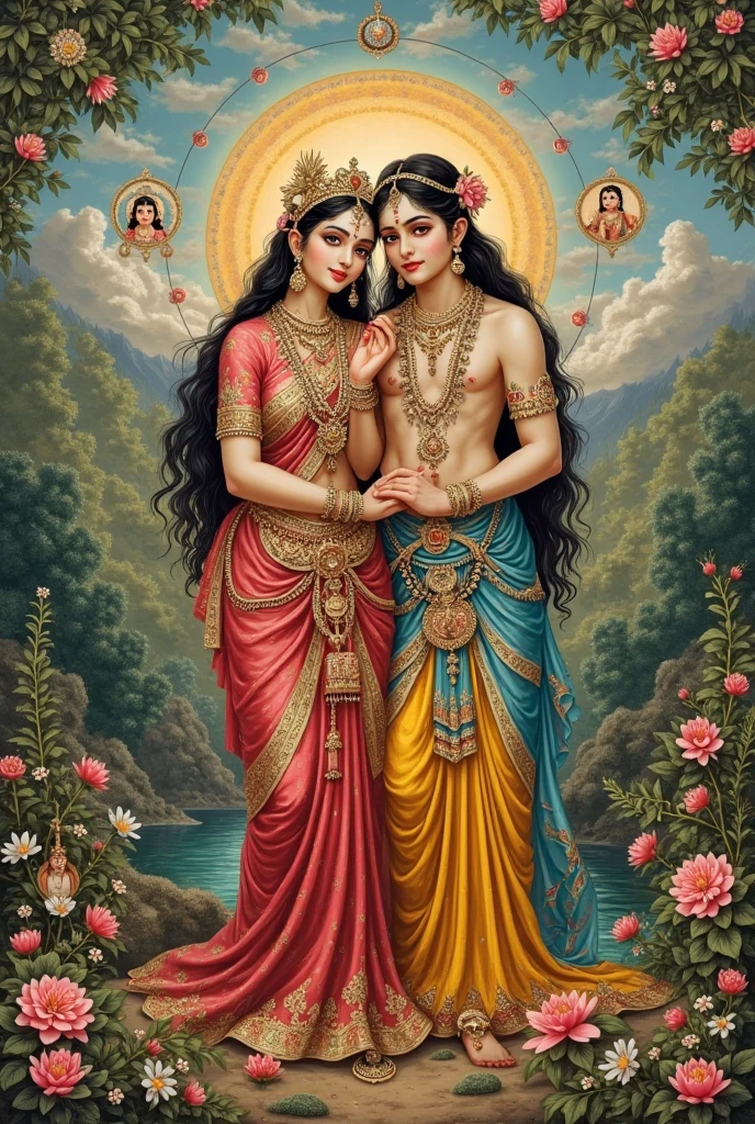 Radha is  lord  krishna men love back side hug
 statue  cloth colur change. The bothar hands one shape, looking at eye to eye with butiful smile



,both clear faces back colur meke a different pose 