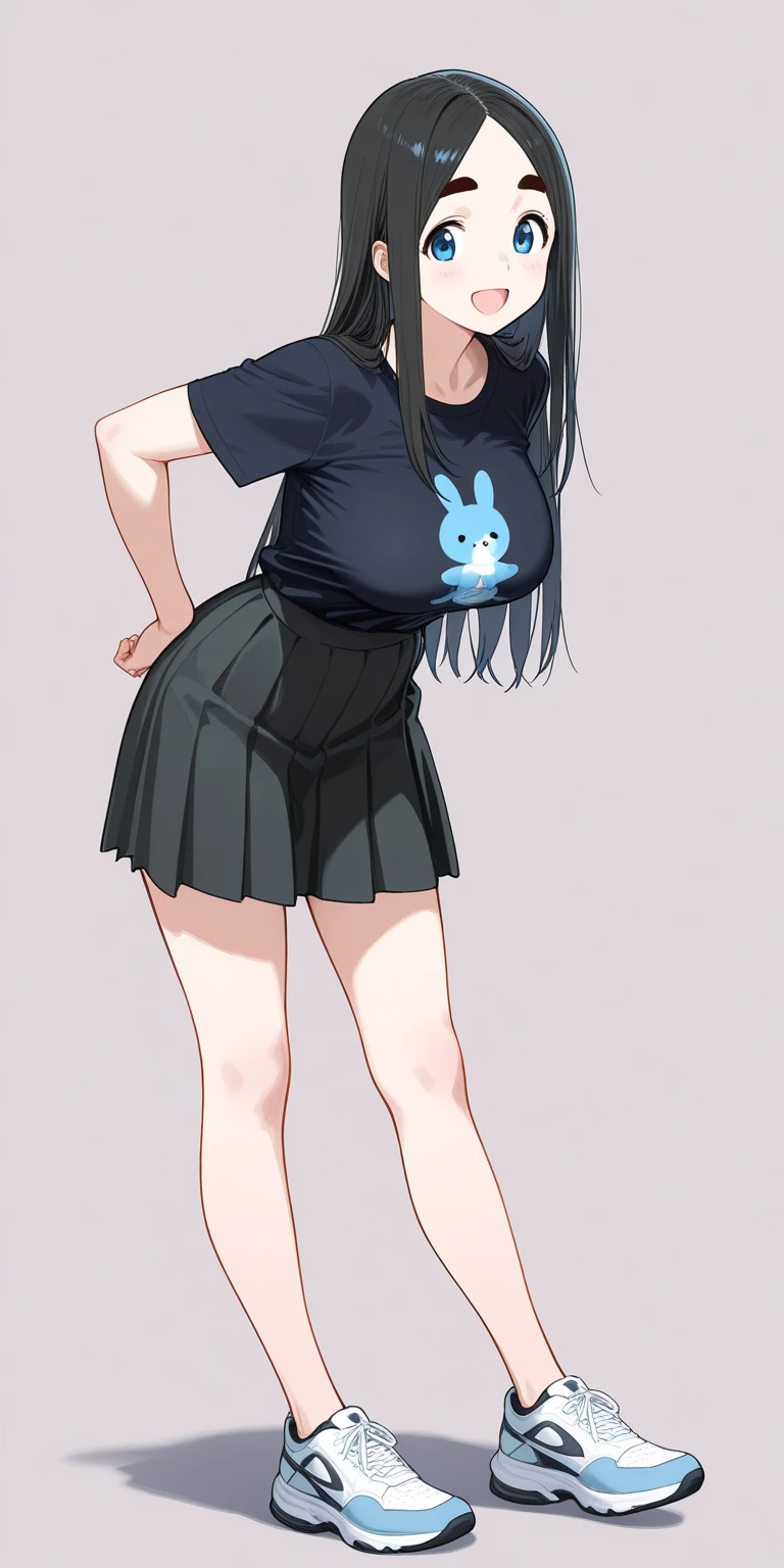 One Full body young woman anime style with Long and straight dark blue hair with subtle waves at the ends. It have a slight shine. Eyes: Large and expressive, in a warm color amber, with a bright, lively appearance. Face: Soft and friendly, with a gentle smile and slightly blushed cheeks. Clothing: Elegant blouse with light armor details, in dark tones with metallic or lace accents. Short skirt, with high boots. Accessories: A simple headband or hairband that complements the style, along with discreet earrings, in an insinuating pose,
