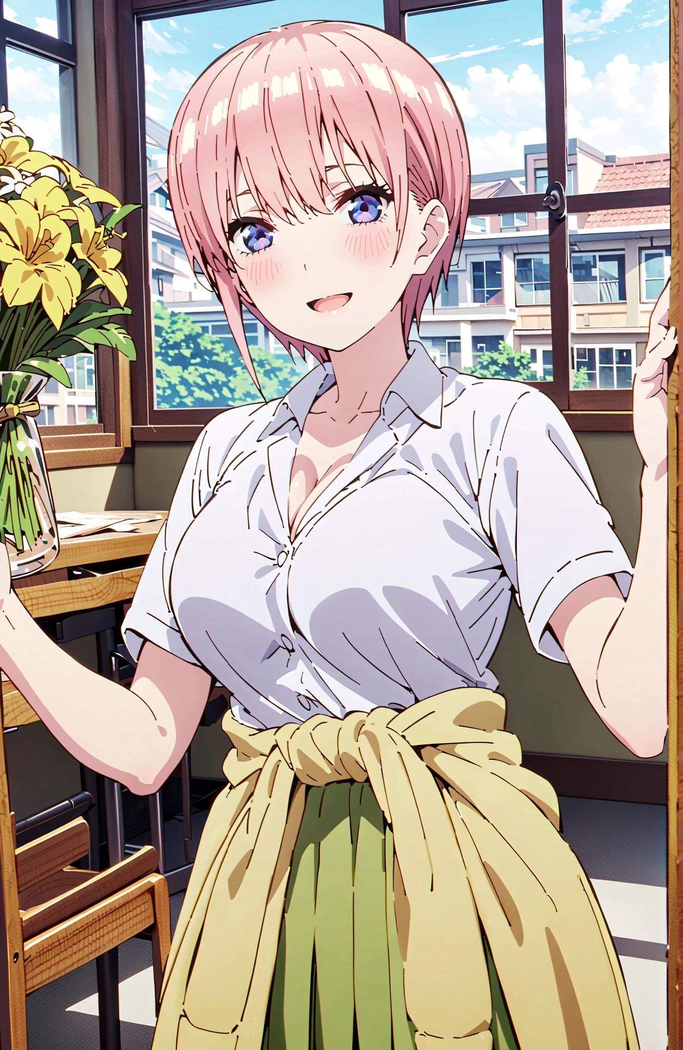 Nakano Ichika, short hair, bungs, blue eyes, hair between eyes, pink hair,Big Breasts, cleavage,in their 40s skirt, shirt, uniform, white shirt, Short Sleeves, green mini pleated skirt, collared shirt, white socks, yellow clothes around the waist,Short sleeve,I'm holding a yellow bouquet with both arms, Flower blowing snow,smile,blush,open your mouth,standing,curtains,window,machine,chairs, Beautiful Streetscapes,noon,blackboard,in their 40s indoors, Classroom,
in their 40s looking at viewer,full body,
in their 40s (masterpiece:1.2),Highest Quality ,Kampala,unity 8k 壁紙,(shape:0.8),( fine and beautiful eyes :1.6),It's a person ,full body写真,CG Details , (perfect hand in h,Complete Anatomy),