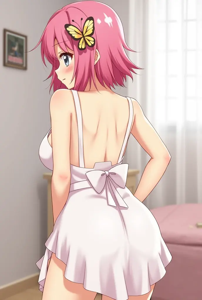 A girl, alone, Nakano Nino, pink hair, butterfly hair accessory, (nude: 1.3), (white apron), large breasts, cleavage, thighs, bedroom scene, back to viewer, bent over (blush: 1.3 )