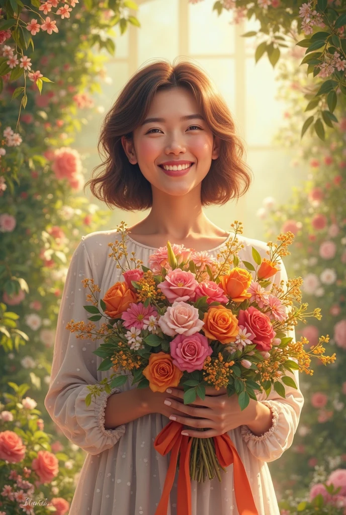 masutepiece, Best Quality, 1girl in, White hair, Smiling, Looking at Viewer, Adult, Fully mature, holding flowers