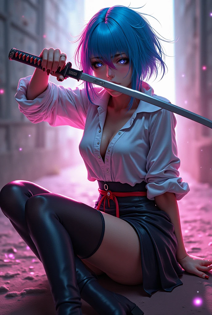 A Korean woman with short, blue hair, a beautiful face showing her cleavage, wearing a black and white yukata , (holding a katana:1.2), surrealistic style, pastel tones, mid shot, dramatic light.