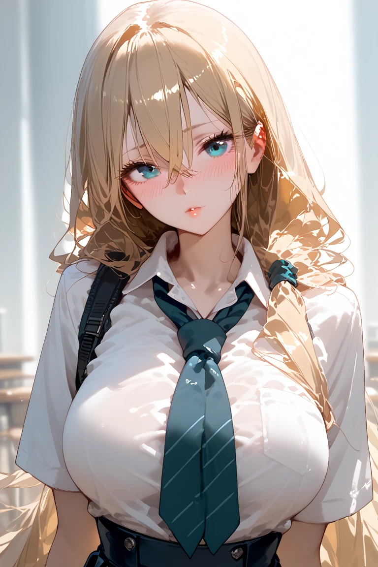 masterpiece, best quality, HDR, (detailed glow:0.9), finely detail, (lens flare:0.8), whole body, looking at viewer, armpits ,1girl, gold hair color, long hair, blush, front cutout dress, wet, hide shoulder, skin dentation, shine rubber, black blindfold, blue eyes, knee socks,
