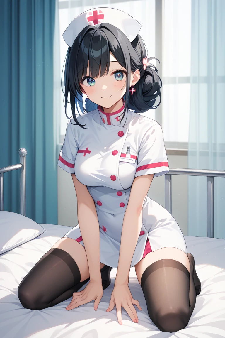kurumitokisaki, tokisaki kurumi, black hair, low twintails, (hair over one eye:1.5), (red eyes:1.2), (small breast:1.2), BREAK thighhighs, hat, cleavage, white thighhighs, nurse cap, nurse, tokisaki kurumi, BREAK looking at viewer, BREAK indoors, bed, bedroom, BREAK (masterpiece:1.2), best quality, high resolution, unity 8k wallpaper, (illustration:0.8), (beautiful detailed eyes:1.6), extremely detailed face, perfect lighting, extremely detailed CG, (perfect hands, perfect anatomy),
