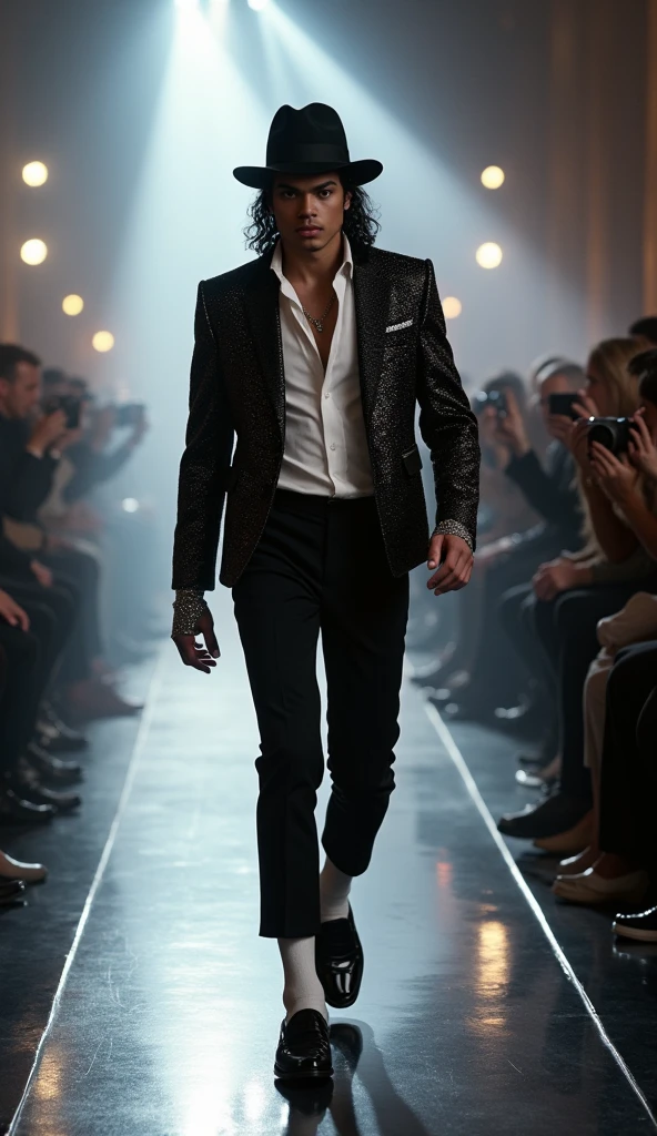 a male fashion model, full body, walking and jumping on the runway, dynamic pose, dramatic lighting, cinematic composition, highly detailed, hyper realistic, 8k, photorealistic, professional photography, chiaroscuro lighting, sharp focus, studio lighting, dramatic shadows, cinematic atmosphere, moody colors, cool color palette, high fashion, couture, editorial style