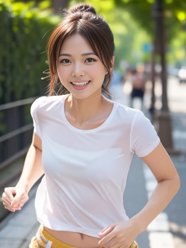 high quality, high resolution, hyperrealistic photo, masterpiece, a photo capturing a beautiful moment, beautiful Japanese woman running at full speed, 30 years old, cute face, detailed face, detailed eyes, small breasts, ((Full-body photo))