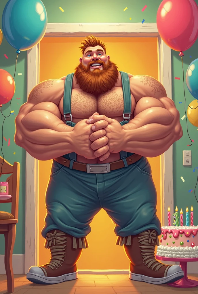 ((hyperrealistic image)) A smiling old man standing gray and rainbow haired Nordic bodybuilder weighing over 200kg with huge, very hairy pecs, very large pointy nipples and arms tattooed with many huge necklaces of multicolored candy wearing a rainbow latex thong with a wall of multicolored candy and balloons in the background. 