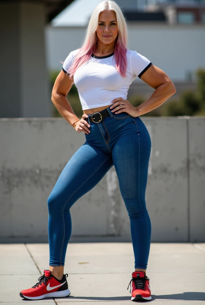 uma mulher de salto alto posando em uma garagem, tight jeans, pants clothing pants jeans blue, cintura magra e quadris grossos, thick thieves, jeans, extremely tight black jeans, thicc, wearing pants jeans, perto de um magro, roupa apertada, usando roupas simples e apertadas, 🐎🍑, ( ( ( wearing pants jeans ) ) ), woman is curved