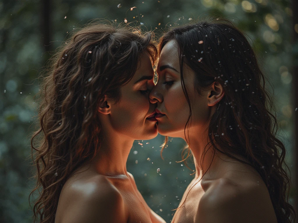 Masterpiece photo, [Girls standing in deep water1.2], Closed eyes, waterfall pouring on heads, drenched wet skin, realistic waterdrops, View from low angle, cute round butt, puffy breasts, messy wet hair, awesome big breasts, aroused nipples , topless, waterfall background, two girls ((naked)) kissing each other pressed up against cliff, full photo, two 18 year old girls posing, sexy , photoreal details, leather necklaces , wristlet , tribal tattoos, shelf, she ((boobs out)), cinematic photorealistic, natural lighting, raw, rich, intricate details, key visual, atmospheric lighting, 35mm photograph, film, bokeh, professional,  shallow depth of field, highly detailed, high budget, cinemascope, moody, epic, gorgeous, french kiss,  deep passionate kiss, kissing, 2girls, at sunset, lens flares, score_9,  score_8_up, score_7_up, score_6_up, score_5_up, score_4_up