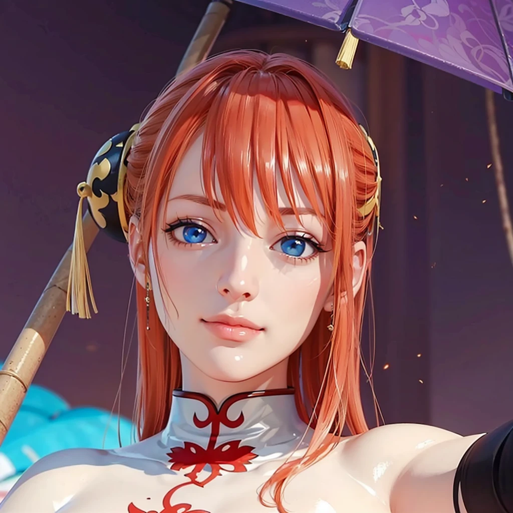 Best image quality、RAW Photos、Ultra-high resolution、young woman, Red Chinese Dress, purple umbrella, Short orange hair, Big Blue Eyes, Dynamic pose, smile, Realistic, High definition, Ocean, whole body, Colorful background,underwear
