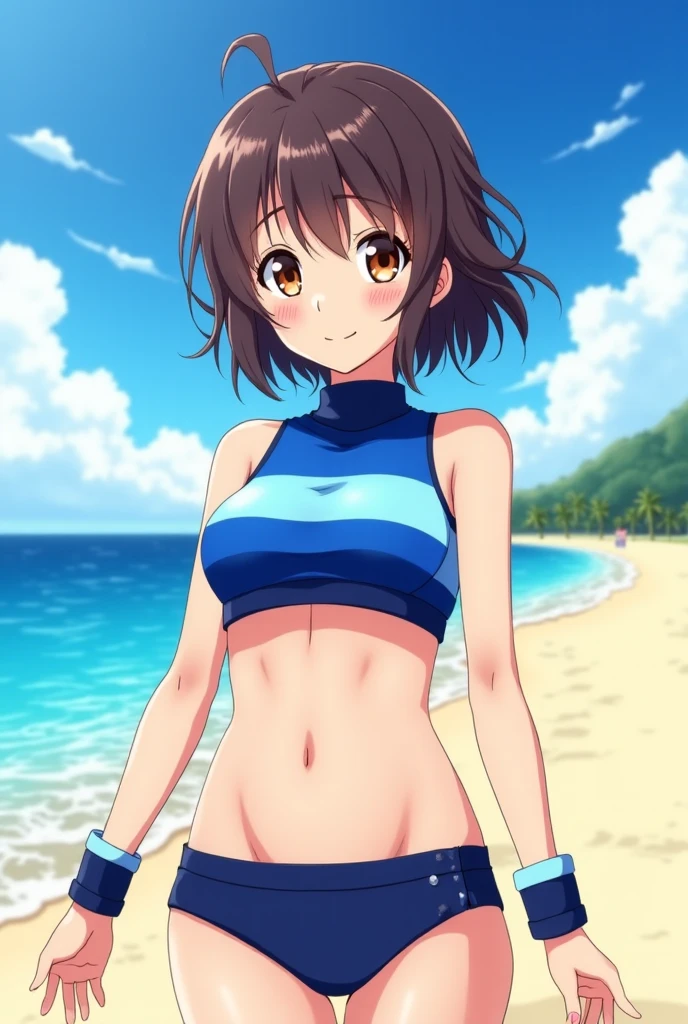 1girl, blue bandana, brown hair, short hair, blue eyes, posing in a blue bikini with her arms up, breasts, cleavage, thighs, beach,
