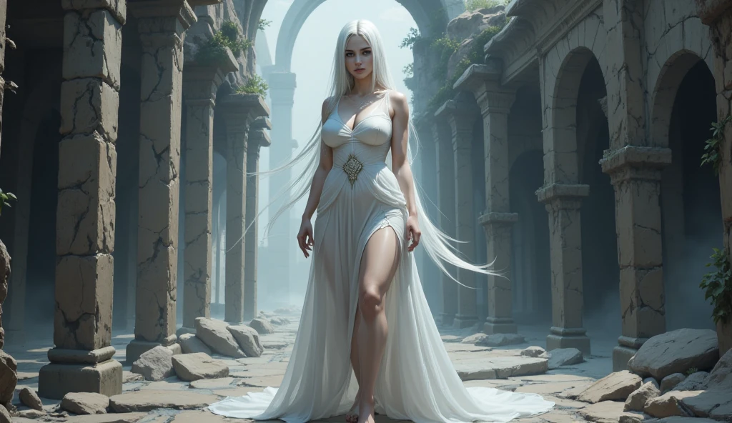 (Digital Art, meisterwerk) shining holy like a female saviour full perfect body slim extremely beautiful powerful mighty perfect face of a silver hair golden eyes 23 year old woman, white revealing glowing silk robes held only over oneshoulder  without sleeves , in a dense misty mysterious jungle palace, dramatic powerful lighting