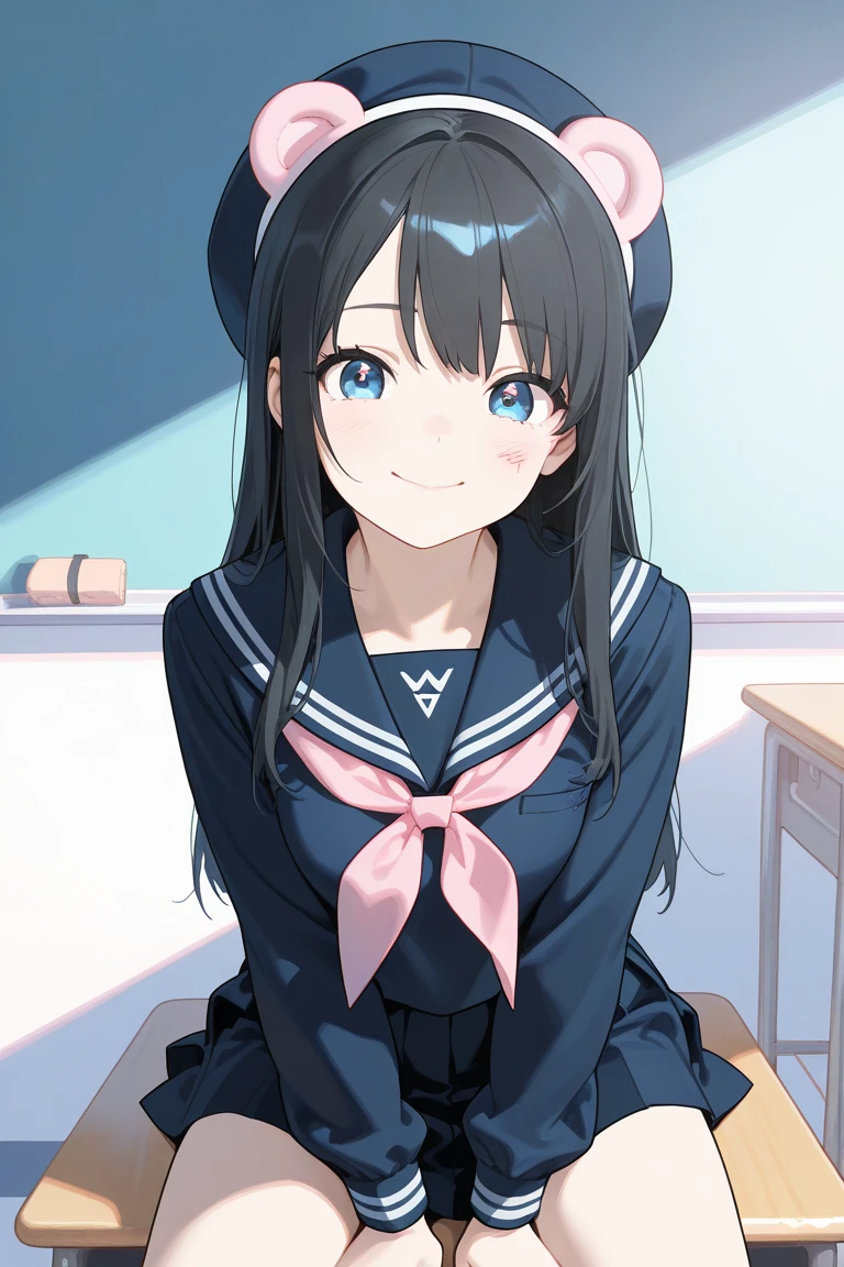 masterpiece、Highest quality、Ultra-high resolution、Big tits teen 、Twin tail hairstyle、Black Hair、Red face、mock、Open your mouth just a little、Short-sleeved sailor 、 for teenage schoolgirls、Knee-high socks for teenage girls、White beret for teenage girls、In the classroom