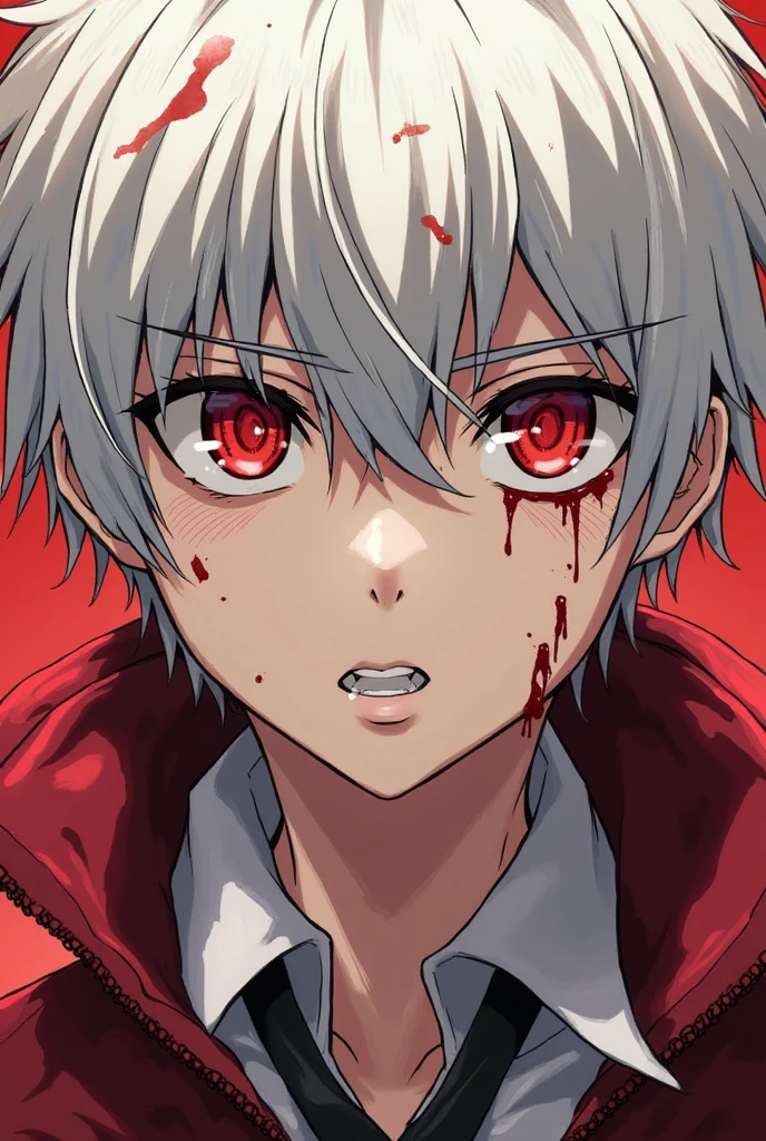 Highest quality, Ultra high definition, Very fine grain, Detailed face, Male face, boy, Short white hair, ((red glowing eyes:1.4)), (Bleeding), Gothic static background with blood spreading, He is wearing a blood-stained white jacket., his smile is creepy, dark, dark--Niji:5--Gothic Film Lighting--Paramount and Witt Studios