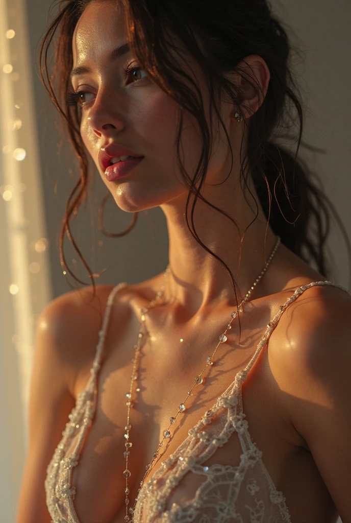 (32k:1.5, Highest quality, masterpiece, Ultra-high resolution), Professional camera work:1.6, Highly detailed skin and face textures:1.3, Captivating portrait:1.2, Very accurate, Very detailed, 1 adult female, ((Amazing night view from the rooftop:1.4, The moonlight at night illuminates my body)), (Satin Nightgown:0.7), Incredibly slim body, Fair skin, elegant, Expressions of sadness, (Big eyes that exude beautiful eroticism:0.4, A dreamy look:1.0, I love you with all my heart:0.8, Open your mouth a little, lipstick, Feel the beautiful eroticism:0.9), (Wet dark brown medium length hair), Sensual sitting position, sense of loss, Sadness, Candles, The chest is medium, Earrings, necklace, bracelet, (romantic, mysterious), Object of admiration, dramatic, Artistic, Innovative, attractive, Heartful, Fancy, sense of openness, sense of cleanliness, Special, exciting, Extreme, Tilt, ((Adult charm, Feminine charm, Hair blowing in the wind)