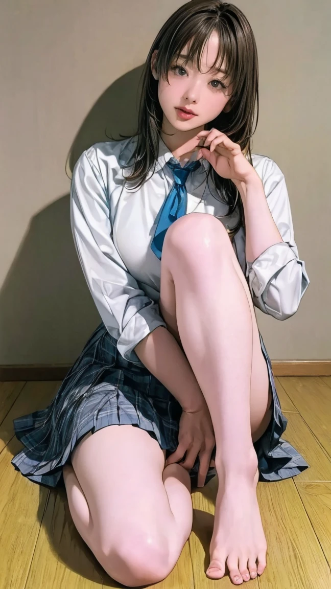 (((alone))),(((1 girl))), beautiful, Cowboy Shot, Highly detailed skin, masterpiece, Highest quality, Highly detailed face, Vibrant colors, Depth of written boundary, Cinema Lighting,, One girl, alone, Brown eyes, smile、Brown hair with bangs, hair ornaments,Long Hair,Green Check Skirt,, White shirt, ,masterpiece Highest quality 高解像度、, Long Hair, Sit with your knees bent、eight-headed body、Beautiful feet 、As if looking up from below、Embarrassing,Spread your legs wide,Camel Toe、White loose socks