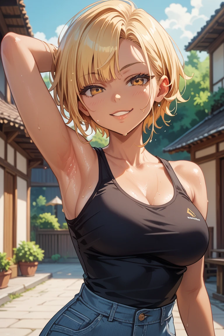 {masterpiece, distinct_image, extremely detailed CG, beautiful eyes and detailed face,realistic, photo realistic, 4k, 8k, high_resolution,perfect_finger, (beautiful_detailed_eyes:1.3), glitter, white_light, (glow_white_face:1.3), summer_light{1girl, face_focus,cowboy_shot, looking for_in_viewer, standing, (V-sign pose:1.5) },{adult, curvy, (huge_breasts, wide_hip:1.3), navel, skinny_stomach,tight_gap, groin (white_Y-shirt, sky_blue_short_skirt, cleavage,, brown_colored_cardigan, tanning_skin, brown_skin, white collar:1.5), (yellow_hair, green_eyes, long_hair, ponytail:1.3), hime_cut, (half closed eyes, smiling face:1.3), sweat, Japanese_Anime_blue_sky_background, under green tree background }