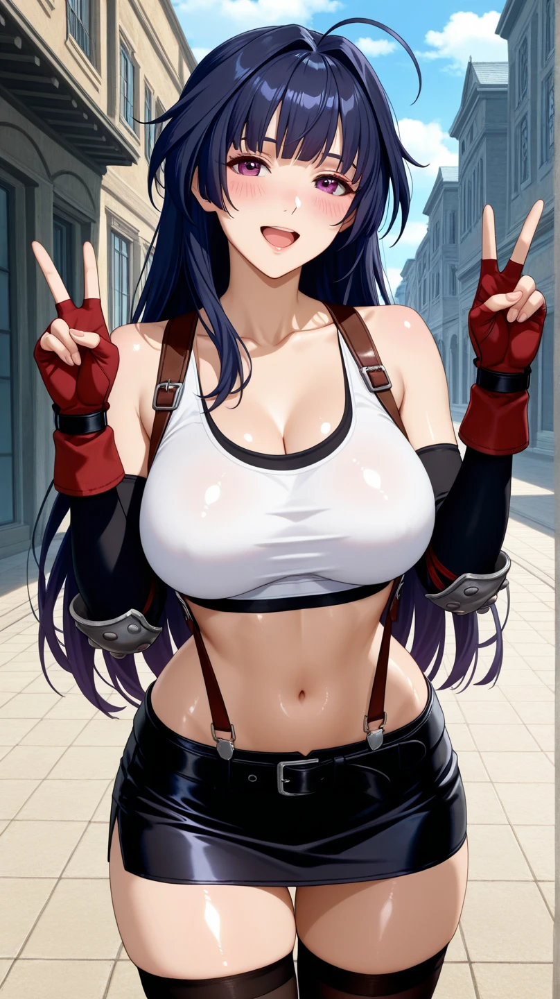 score_9, score_8_up, score_7_up, score_6_up, uncensored, quinella, absurdly long hair, purple eyes, long hair, parted bangs, purple hair, very long hair, hair ornament, BREAK (detailed eyes:1.5), (perfect hands, perfect anatomy), Anime Style, Manga Style, Hand drawn, cinematic, Sharp focus, humorous illustration, big depth of field, Masterpiece, concept art, trending on artstation, Vivid colors, Simplified style, trending on ArtStation, trending on CGSociety, Intricate, Vibrant colors, Soft Shading, Simplistic Features, Sharp Angles, Playful, excessive sweating, sweating profusely, sweating drop BREAK, 1girl, tifalockhartcosplay, tifa lockhart \(cosplay\), suspender skirt, suspenders, navel, midriff, white tank top, cleavage, elbow pads, crop top, tank top, shorts, short shorts, collarbone, gloves, elbow gloves, teeth, in a hot shower stall, face against glass, one leg raised, cheek against glass, running water, steam, grunting, wet skin, forced pleasure, steam vapor, fog, large breasts, mature body, excessive pubic hair peek, nsfw, blush face, perfect face, clenched teeth, hearts, pleasured, notice line, shivering,