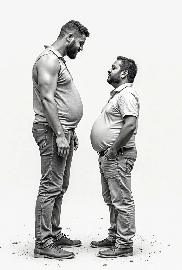 A man sandwiched between fat men with exposed bellies in a small room
