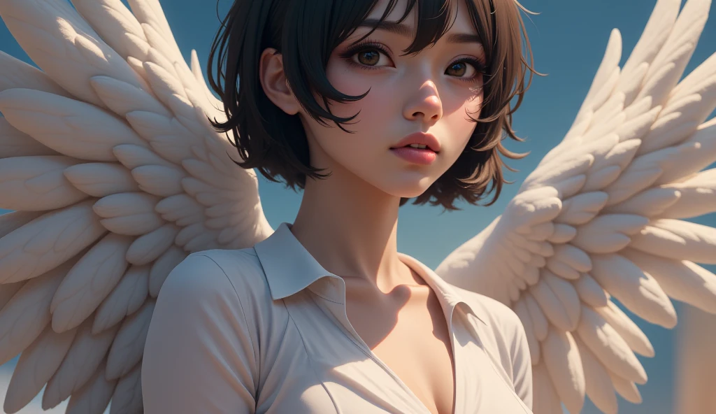(ultra high res,photorealistic,realistic,best quality,photo-realistic),
(8k, raw photo, best quality, masterpiece),
(photon mapping, radiosity, physically-based rendering,automatic white balance),
technological sense, best quality, masterpiece, illustration,CG ,unity ,wallpaper, official art,
Amazing, finely detail, an extremely delicate and beautiful,extremely detailed,
highly detailed, sharp focus,rich background,blurry background,
(real person,photograph),
(((high detailed skin,visible pores))),
(((face close-up,haunting smile,moist lips,short hair))),
((irises and pupils are rounded,the pupil reflects the surroundings,eyes are not the same size)),
((Big eyes,perfect eyes,watery eyes)),
((white hair,high ponytail,thick bangs)),
((((small breasts)))),white skin,bare shoulders,((white dress)),(angel wings:1.4),(((halo)))