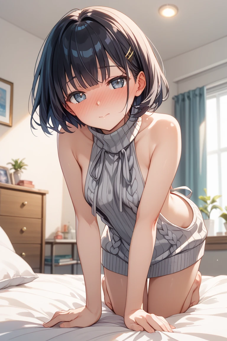 nsfw, masterpiece, best quality, front lighting, RAW photo, intricate porn photo realistic, cowboy shot, small breasts, 8yo japanese cute little princess on the couch, spreading legs and lifting knees up, M legs, splendid, bob-cut hair, cute face, droopy eyes, petit little body, natural makeup, embarrassed, in the bedroom background, solo, completely nude, small areola, showing shaved pussy and clitoris