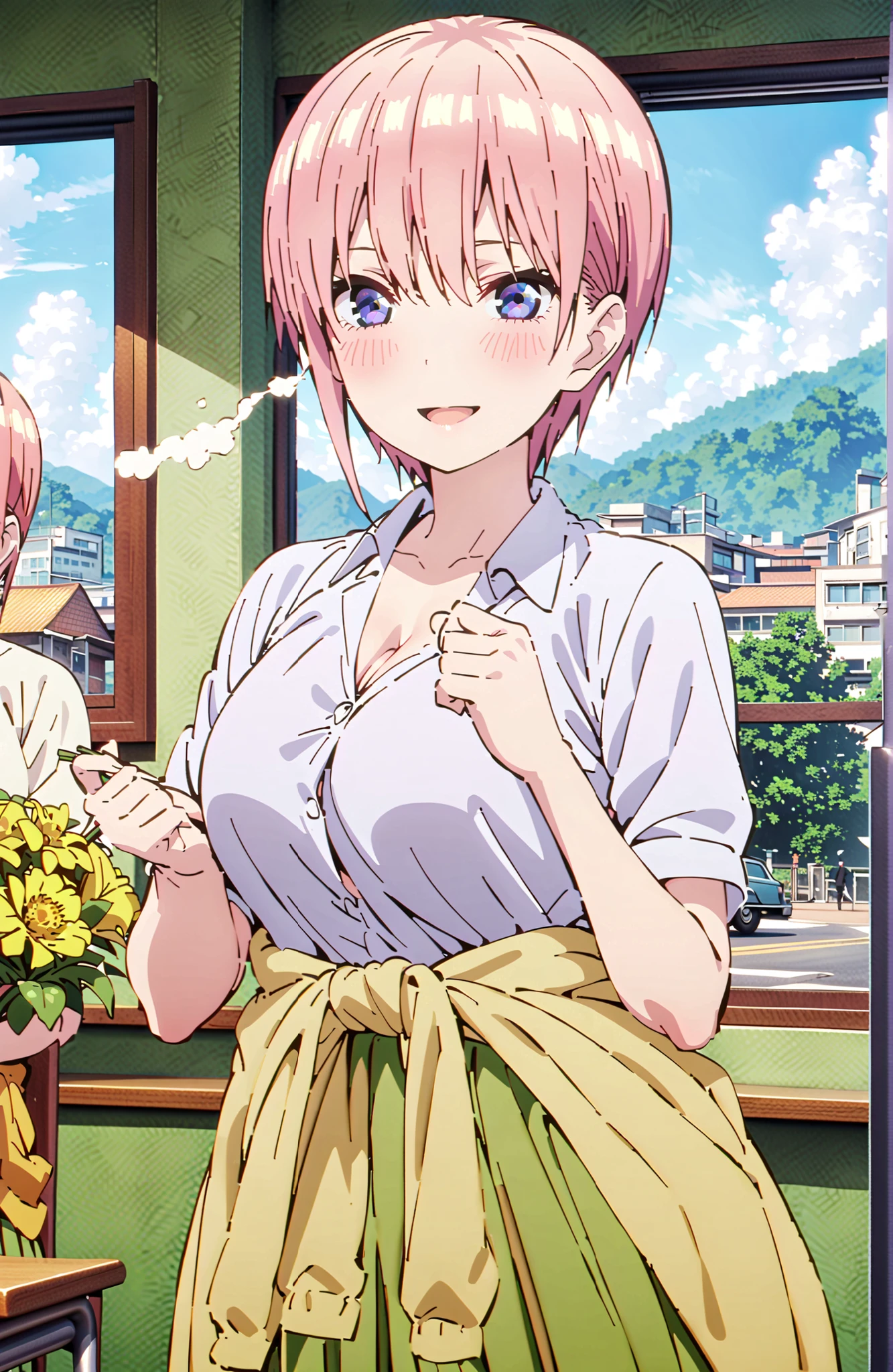 Nakano Ichika, short hair, bungs, blue eyes, hair between eyes, pink hair,Big Breasts, cleavage,in their 40s skirt, shirt, uniform, white shirt, Short Sleeves, green mini pleated skirt, collared shirt, white socks, yellow clothes around the waist,Short sleeve,I'm holding a yellow bouquet with both arms, Flower blowing snow,smile,blush,open your mouth,standing,curtains,window,machine,chairs, Beautiful Streetscapes,noon,blackboard,in their 40s indoors, Classroom,
in their 40s looking at viewer,full body,
in their 40s (masterpiece:1.2),Highest Quality ,Kampala,unity 8k 壁紙,(shape:0.8),( fine and beautiful eyes :1.6),It's a person ,full body写真,CG Details , (perfect hand in h,Complete Anatomy),