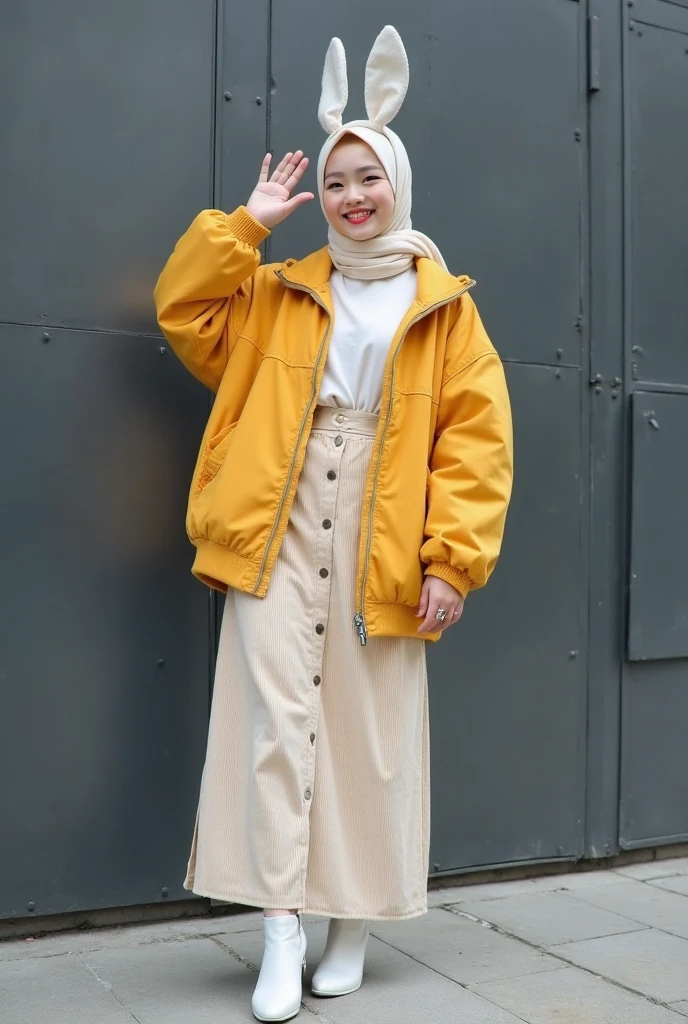 A woman with a white shirt and a yellow jacket a blue skirt, with a blue cloth on her face, and some panda slippers