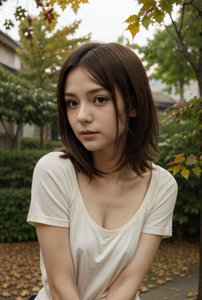 ((Highest quality)), ((masterpiece)), (detailed), One Girl, Japanese, 16 years old, Sunburned skin, Realistic texture, Lift your chest, Light Brown Hair, short hair, Fox Ears, Fox Tail, Scowling, Dongitsune, Tank top