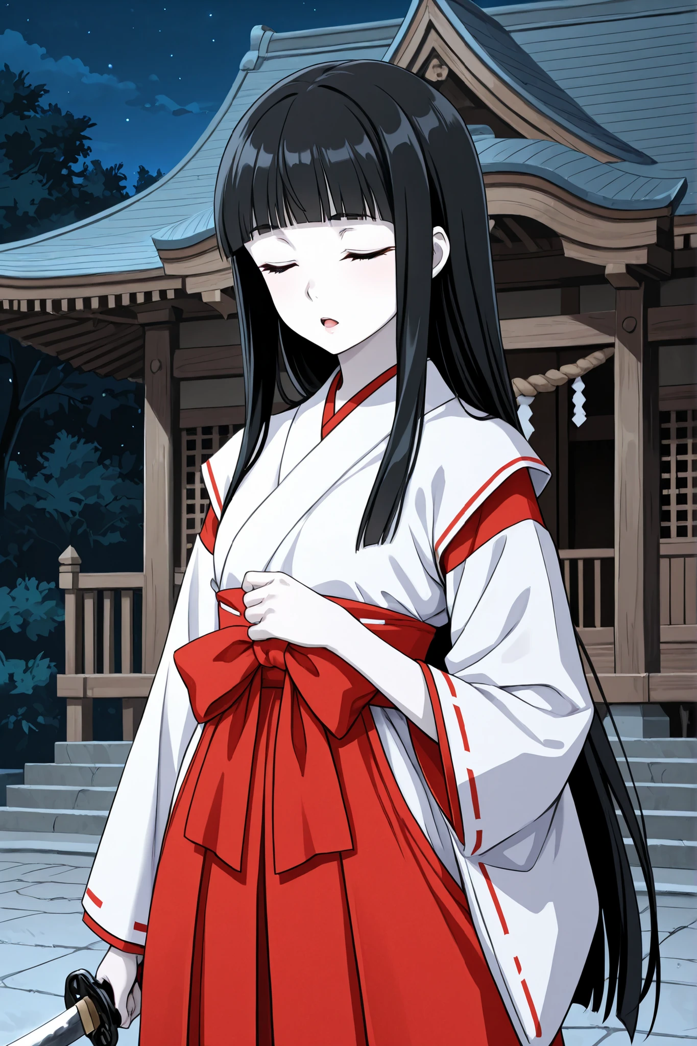 1 girl, beautiful girl,adult,18 years old,black eyes,narrow eyes,black hair, very long hair,blunt bangs,skinny,masterpiece,general,highres, ultra-detailed,very aesthetic,best quality ,best hands,best eyes,perfect anatomy,anime coloring,easynegative,anime style,white skin,whole body,standing,miko,shrine maiden outfit,night,katana,open mouth,closed eyes
