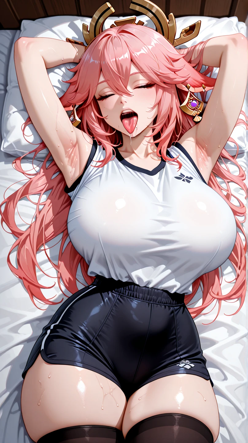 (monochrome, grey scale), great quality, recent, aesthetic, miyamoto musashi \(swimsuit berserker\) \(first ascension\) \(fate\), fate/grand order, single sidelock, single hair bun, long eyelashes, huge breasts, (competition swimsuit), looking up, head back, half-closed eyes, open mouth, happy sex, vulgarity, tears, lying, on back, on bed, w arms, spoken heart, 1boy, pov, sex, swimsuit aside, vaginal penis, missionary, (motion lines, cum in pussy), nsfw