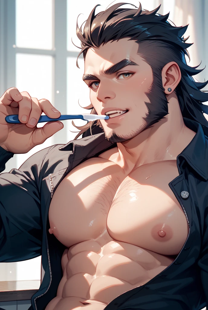 a masculine man sucking a big penis cumming in his mouth his feet visible sweaty, well detailed, muscular, dark skin, black,