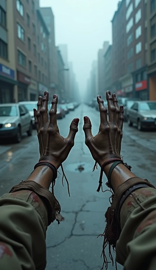 Create a giant hand that looks like a spider or a monster that walks down an abandoned street full of fog., horror