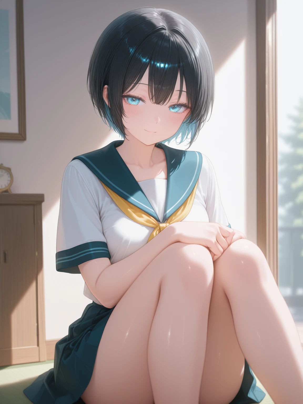 1girl,indoors, black socks, school uniform, white serafuku, sitting on sofa, sitting on object,
(grey eyes:1.2), glowing eyes, well drawn fingers, detailed hands, well drawn legs,platted skirt,
<lora:1more_details:0.3>, <lora:komachi_hikigaya_v2:1> komachi hikigaya, short hair, ahoge, hairclip, small breasts,