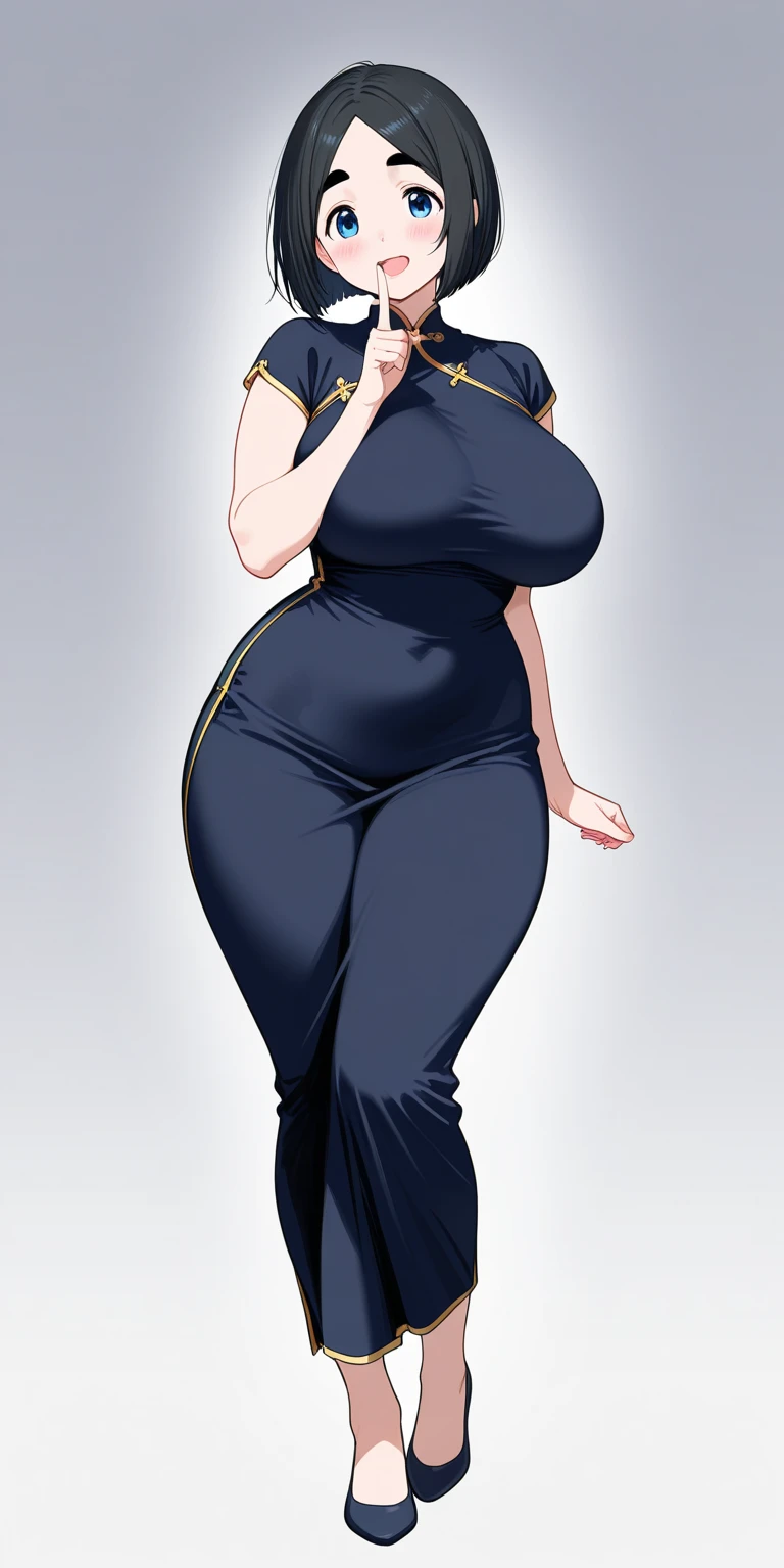 ((high aesthetic)), art by kipteitei, absurdres, absurd resolution, highly rated, highres, art by kipteitei, high resolution, best quality, masterpiece, full body, (facing viewer), 1girl, ((solo)), indoors, clothed, perfect face, perfect eyes, neneneji, tight outfit, smile, natural skin texture, 4k textures, hdr, intricate, highly detailed, puffy lips, thick lips, hyperdetailed, mature female, BoaHancockV2, long hair, black hair, blue eyes, blue dress, jewelry, chubby(big belly, stuffed belly, wide hips, big ass, thick thighs, large breasts), navel, bottom heavy