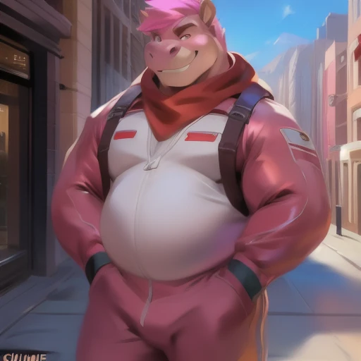 Solo, male, standing, slightly chubby, highland cow, hair covering eyes, orange hair, tan fur, tan body, ((by bebebebebe)), street, muscular, short hair, bangs, swept bangs, fringe, red military spacesuit, big bulge