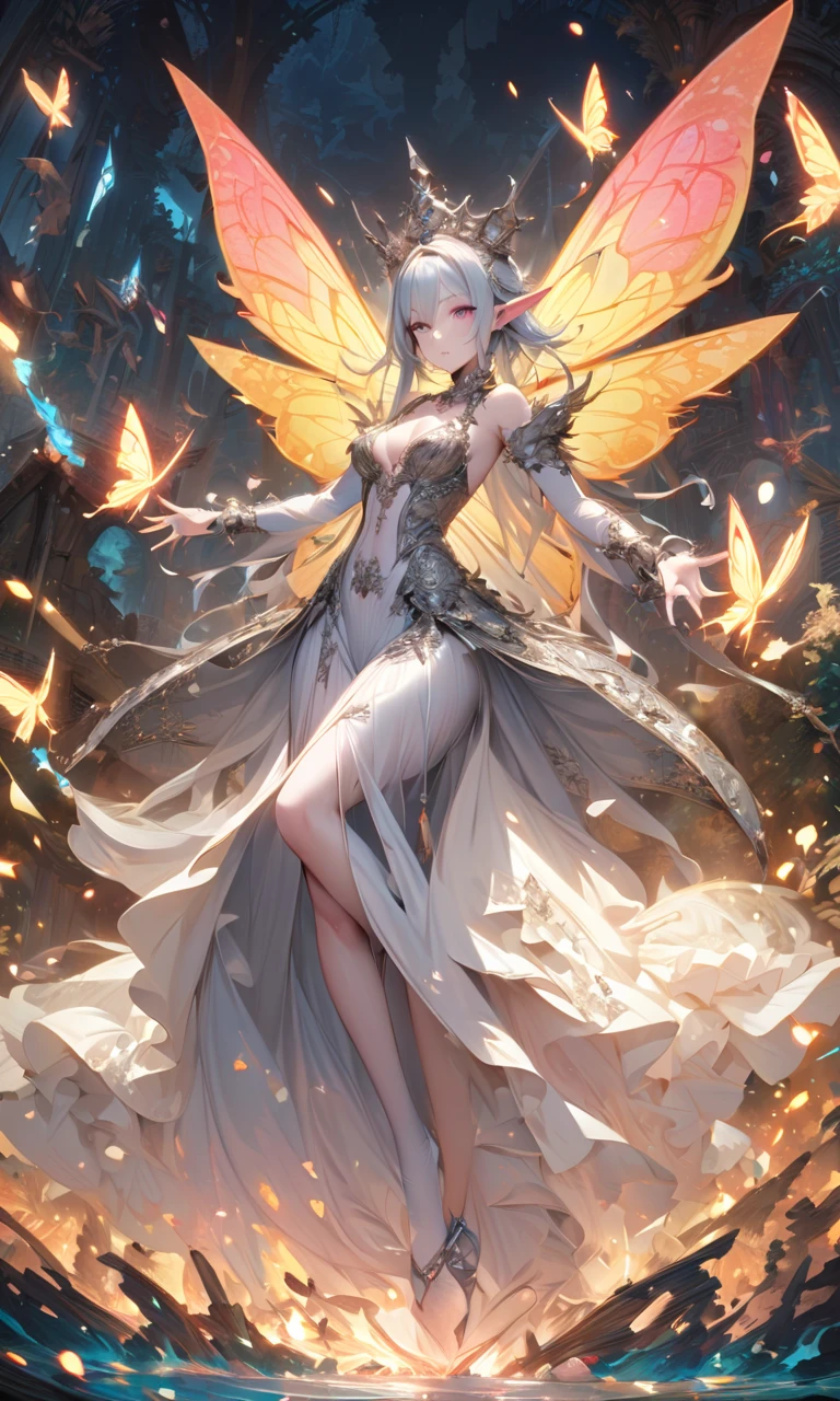Faye, Full-length portrait of a girl,((Beautiful with bat wings))、A perfect smile、 In a secret hideout, The enchanting garden invites you, Delicate flowers that give off a magical feeling, Makes objects made of Lal Amber appear transparent, Intricate details, Abstract, Whimsical,