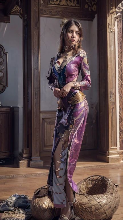 Une femme en tenue violette et plumes pose, Kelly Hu ,Poser pour un combat complexe, diesel punk female, wearing a purple detailed coat, Peacock-themed clothing, alluring mesmer woman, Ornate cyberpunk dresses, in clothes! highly detailed, dark purple and cybernetic hair, Saints Row Fursuit Tails Mod, robe. extremely high detail
