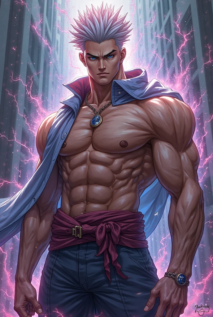 (3D:0.6,realistic:0.8,photorealistic:0.8),(absurdres, Super-resolution, masterpiece, best quality, finely detailed,absurdres:1.2), (((natural lighting))) (excessive skin gloss and reflection) ((god-rays)), butt, (((1male))) 21 years old male, Pectoral muscles are plumped, muscular, athletic, textured skin, stubble, big body, handsome man, attractive male, seductive, alpha, dominated, lewd, earrings, necklace, smirk, spritual werewolves, reborn from pool of sacred water, piercing, blue eyes, big chest, ((cold pale white skin)) raining, wet, sweaty, saliva, mucus, pec tattoo, big arms, open cloak, alpha male, gay, yaoi, chain bracelets, white shaved hair, dramatic illumination,