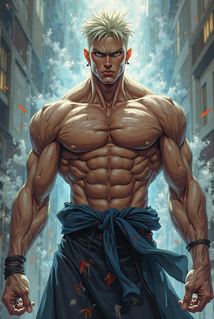 Dicas: foto de corpo inteiro, design de personagem do jogo, Bruce Lee jogos mortais, Walking towards the camera, corpo de topless, Hands in pockets, smoke billowing, olhos vazios, personagem Hokuto Shinken, Kenjiro, luz lateral superior, rua da cidade deserta (distant view, profundidade de campo borrada), elevation perspective - AR 10:16 - Expression of style