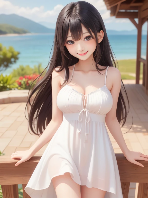 Loli anime girl in white, be  pregnant, Realistic shadows, Detailed skin, Very large breasts, Black hair, Very detailed, 8K highly detailed face, Perfect face shape, Perfect lips, Perfect nose, Correct beautiful eyes, Watching Viewer, Masterpiece, Best quality, Single girl, No bra, , Solo