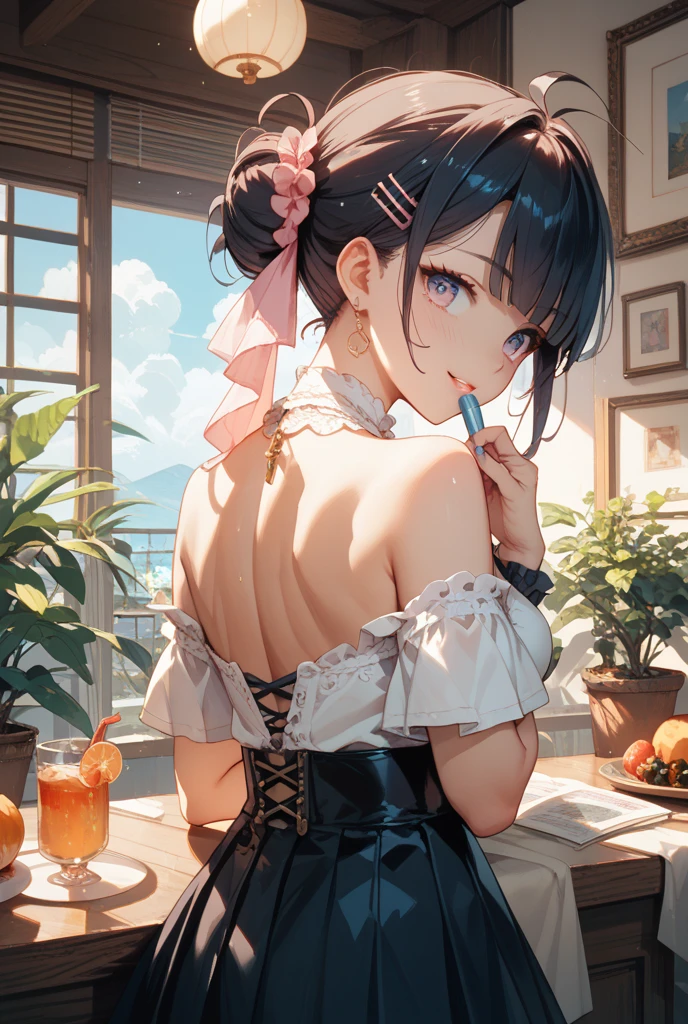 (from below:1.2),(from side:0.9), ((Face)), (Close-Up:0.4), (A masterpiece of image quality in 8K),(Beautiful Allafed Woman),(((emphasizing breasts:1.3))),(Dynamic angles),(Dynamic and sexy bending pose:1.3),(sit a chair:1.3),(Short hair in shiny silver and orange inner colors,large full breasts,Disturbance of clothing due to movement,breast slip,(Ponytail twisted buns adorned with elaborate braids and beads,Braided Setup Fishbone Hair:1.2),(see-through bangs),small breasts,(((A brown lace apron that shows your bare skin from under your small breasts.......)))、Blush with embarrassment、Enraptured eyes、 open mouth,A smile that beguiles the viewer、(Look back:1.7)、Look into the photographer,skin glistening with sweat,gazing at viewer,,(Professional Lighting),(masutepiece,top-quality,Ultra-high resolution output image,),(Ultra HD with complex detail image modes),depth of fields,Beautiful hands,Beautiful fingers,Detailed finger features,(Detailed hair features:1.7),detailed facial features,detailed clothes features, 