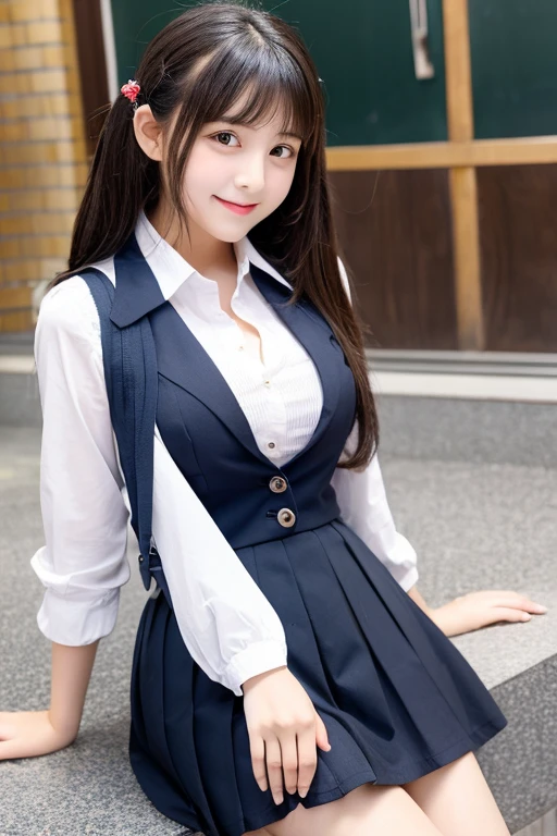(Detailed skin:1.2),(Shiny skin:1.1),8K,Highest quality, masterpiece, Ultra-high resolution,(Realistic:1.4), RAW Photos,(Soft saturation:1.3),(Fair skin:1.2),Japanese Idols,repair,20 years, Light brown hair, (Long Hairstyles:1.2), Asymmetrical Hair, Asymmetrical bangs (Pretty face:1.4), (Large Breasts, Tight waist), Beautiful lighting, Small Head, (Student Uniform:1.2,),((White knee-high socks:1.2)),Highly detailed face, Highly detailed lips, fine grain, double eyelid,(Full Body Shot:1.2), Browsing Caution, (Sharp focus: 1.2), (Perfect Anatomy、Beautiful woman with perfect figure: 1.2)、Exposing cleavage、Model-like pose,Accentuate your leg lines、Smiling