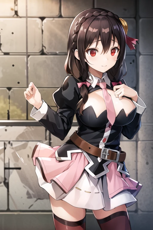 yunyun, black hair, hair ornament, red eyes, bow, braid, crown braid,large breast
skirt, thighhighs, long sleeves, necktie, belt, clothing cutout, cleavage cutout, pink skirt, pink necktie,