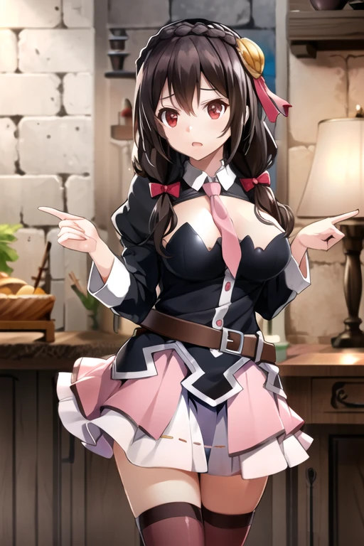 masterpiece, top-quality, Hi-Res, yunyun1, 1girl in, Akame, 独奏, thighs thighs thighs thighs, neck tie, skirt by the, Braids, length hair, Pink tie,, a belt, hair adornments, A dark-haired, Hair Bow, Crown braid, long-sleeve, brown haired, Twin-tailed, ,A smile、
